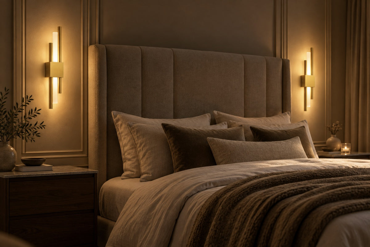 Two Lyra gold wall lights glowing either side of a bed at night