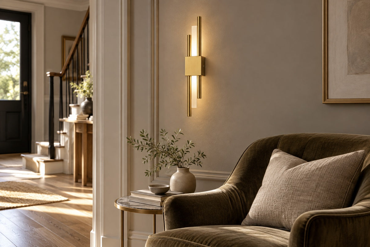 Lyra gold rechargeable wall light above a velvet armchair in a hallway reading corner