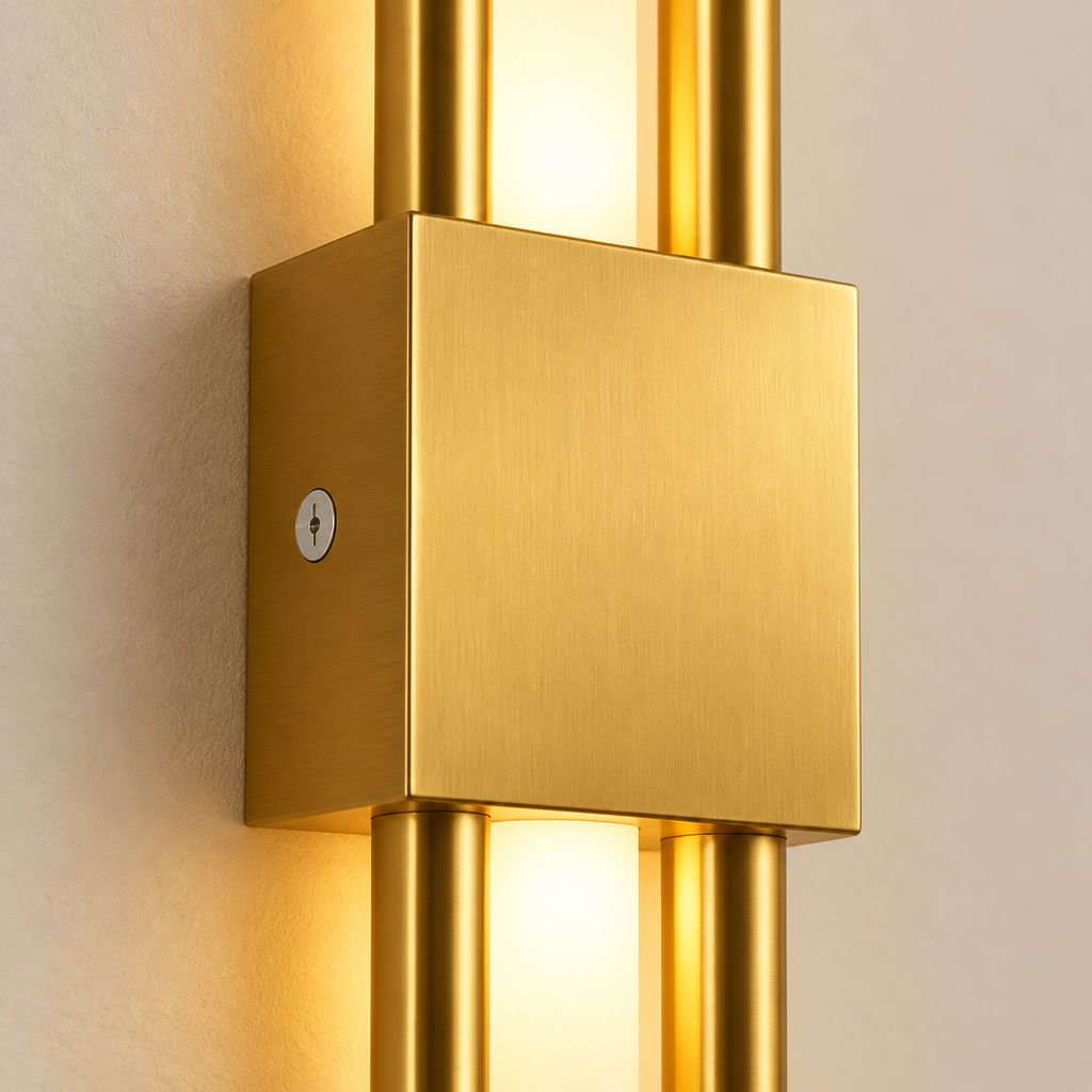 Close-up of the Lyra brushed gold central block and LED rods