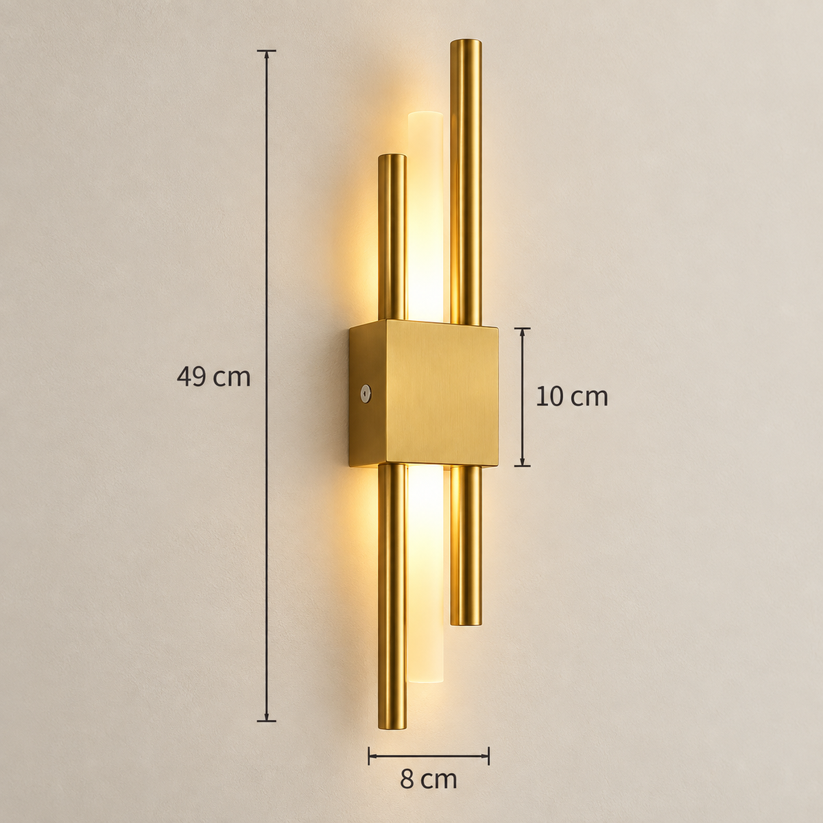 Lyra wall light dimensions: 49 cm tall, 8 cm wide, 10 cm central block