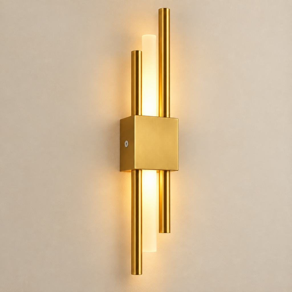 Lyra cordless rechargeable gold LED wall light, lit, on a greige wall