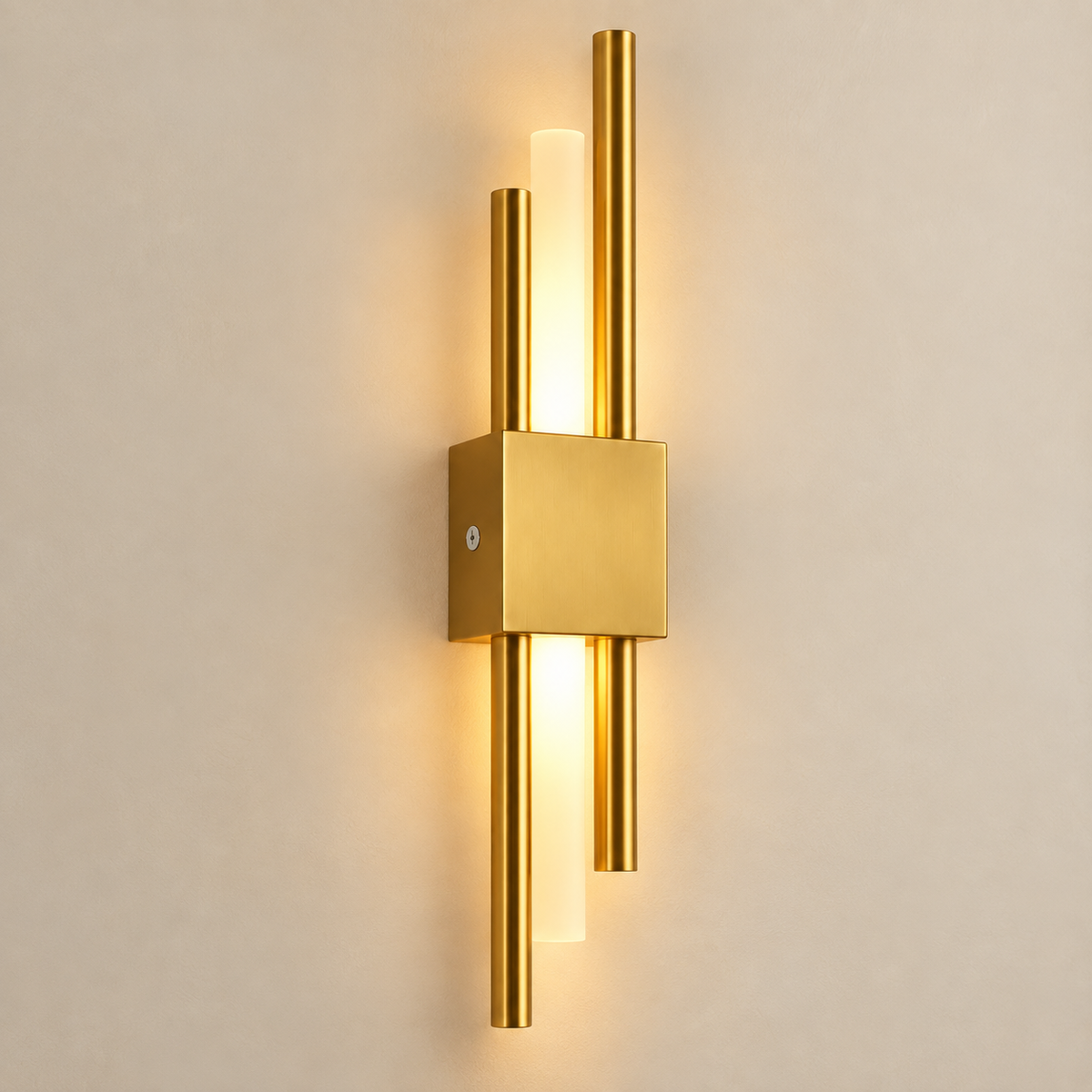 Lyra cordless rechargeable gold LED wall light, lit, on a greige wall