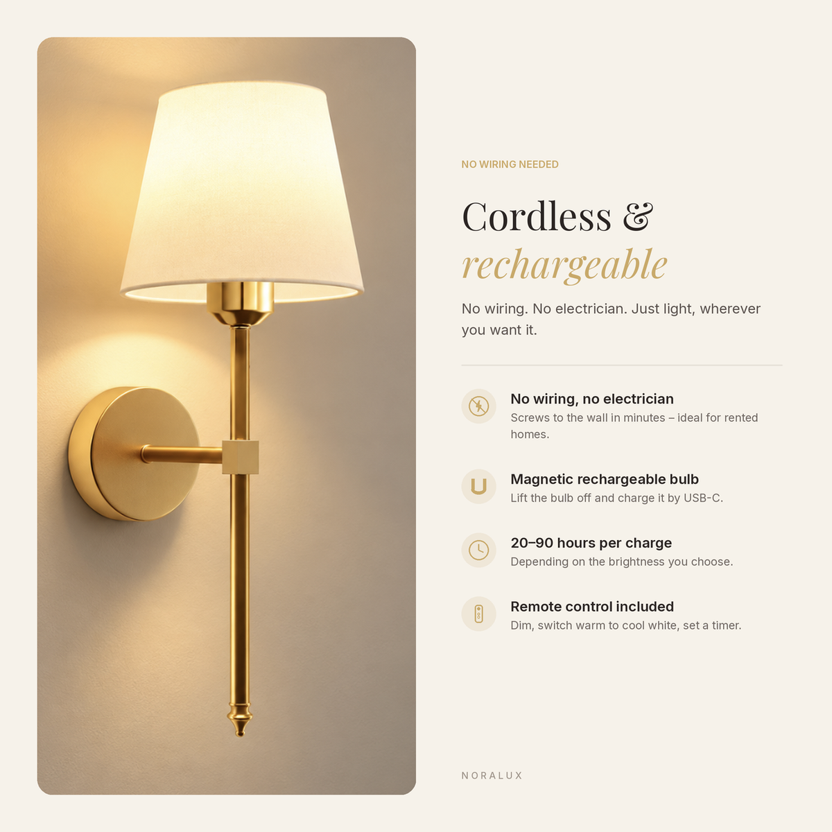 Maren cordless rechargeable wall light features: no wiring, magnetic USB-C bulb, remote control