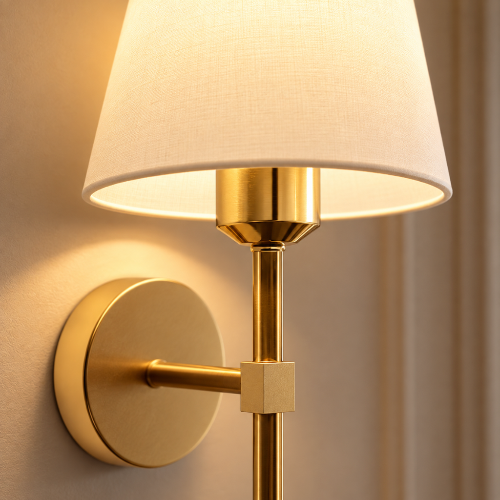 Close-up of the Maren white fabric shade and gold joint