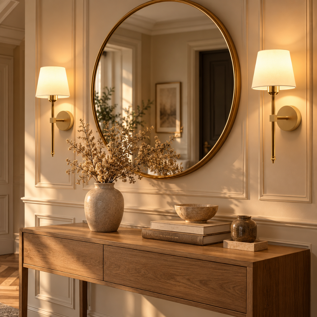 Two Maren gold wall lights either side of a round mirror above a hallway console