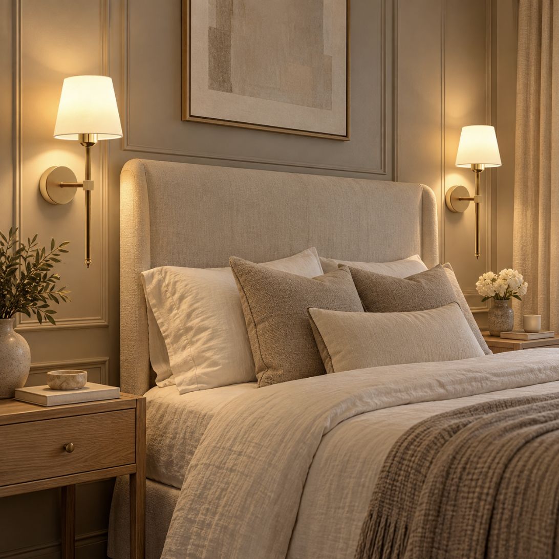 Pair of Maren gold rechargeable wall lights with white fabric shades either side of a bed
