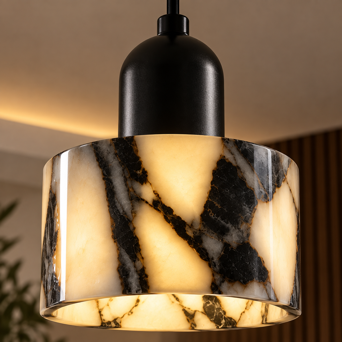 Close-up of the Marra white and black veined stone shade lit from within
