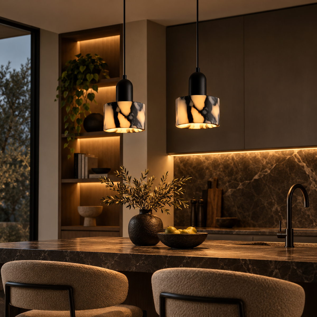 Marra natural stone drum pendant lights in a kitchen