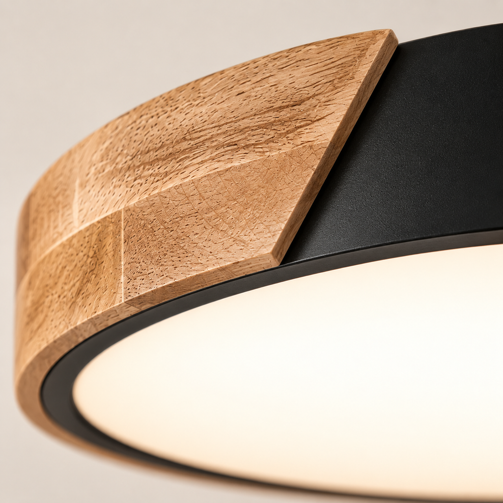 Close-up of the Nero curved wood accent and matte black rim