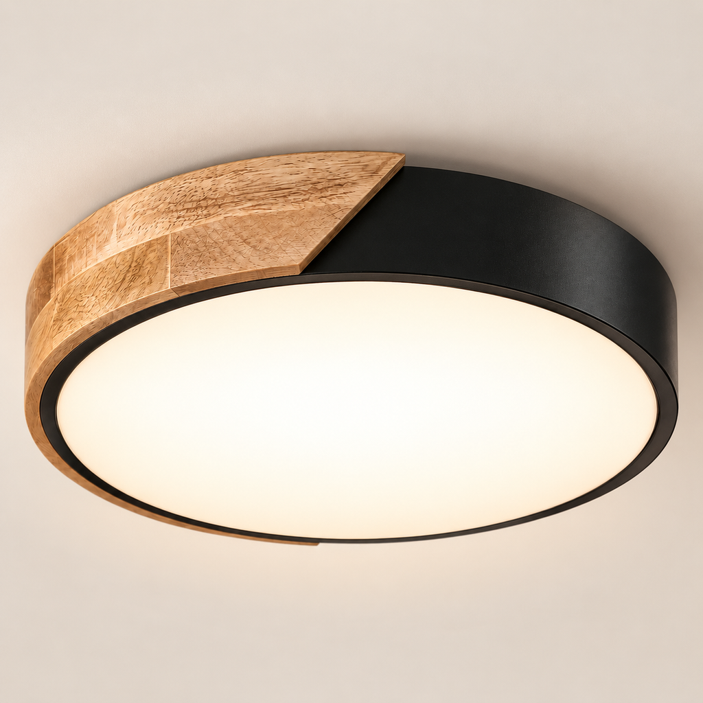 Nero black and wood LED ceiling light, lit, on a greige studio background