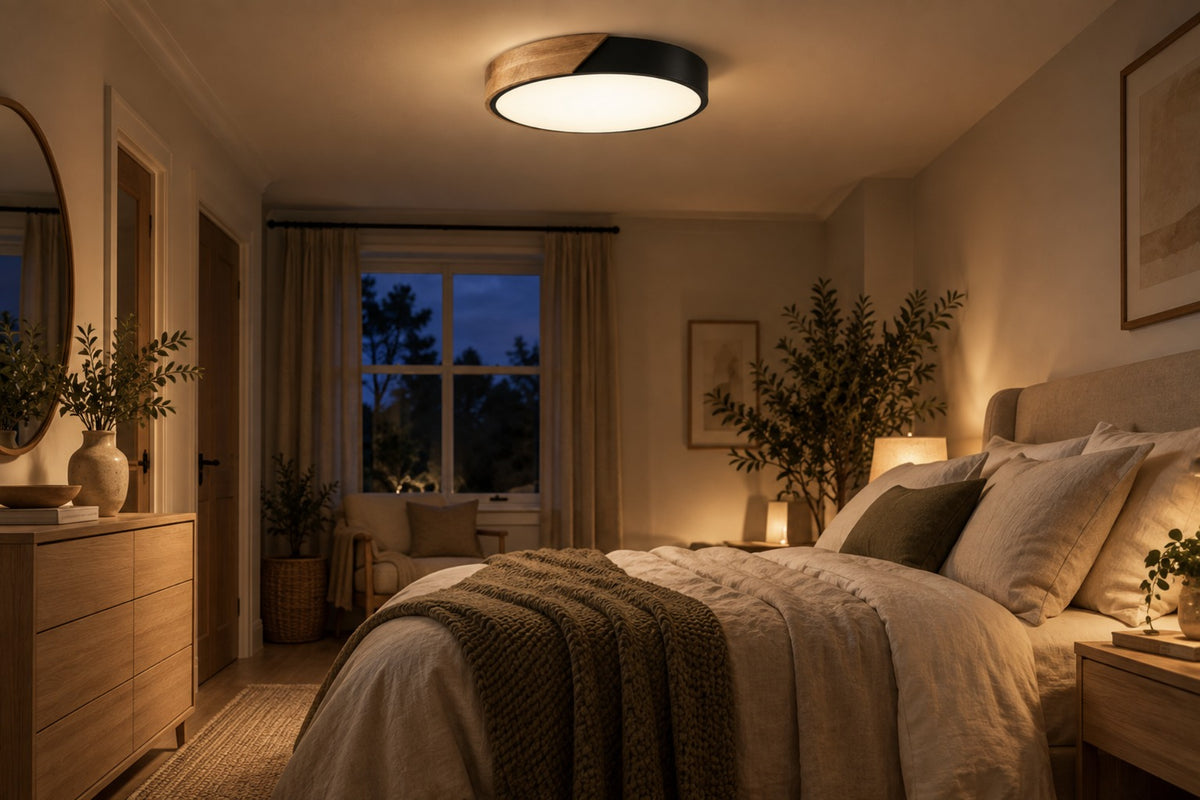 Nero LED ceiling light glowing in a cosy bedroom at night