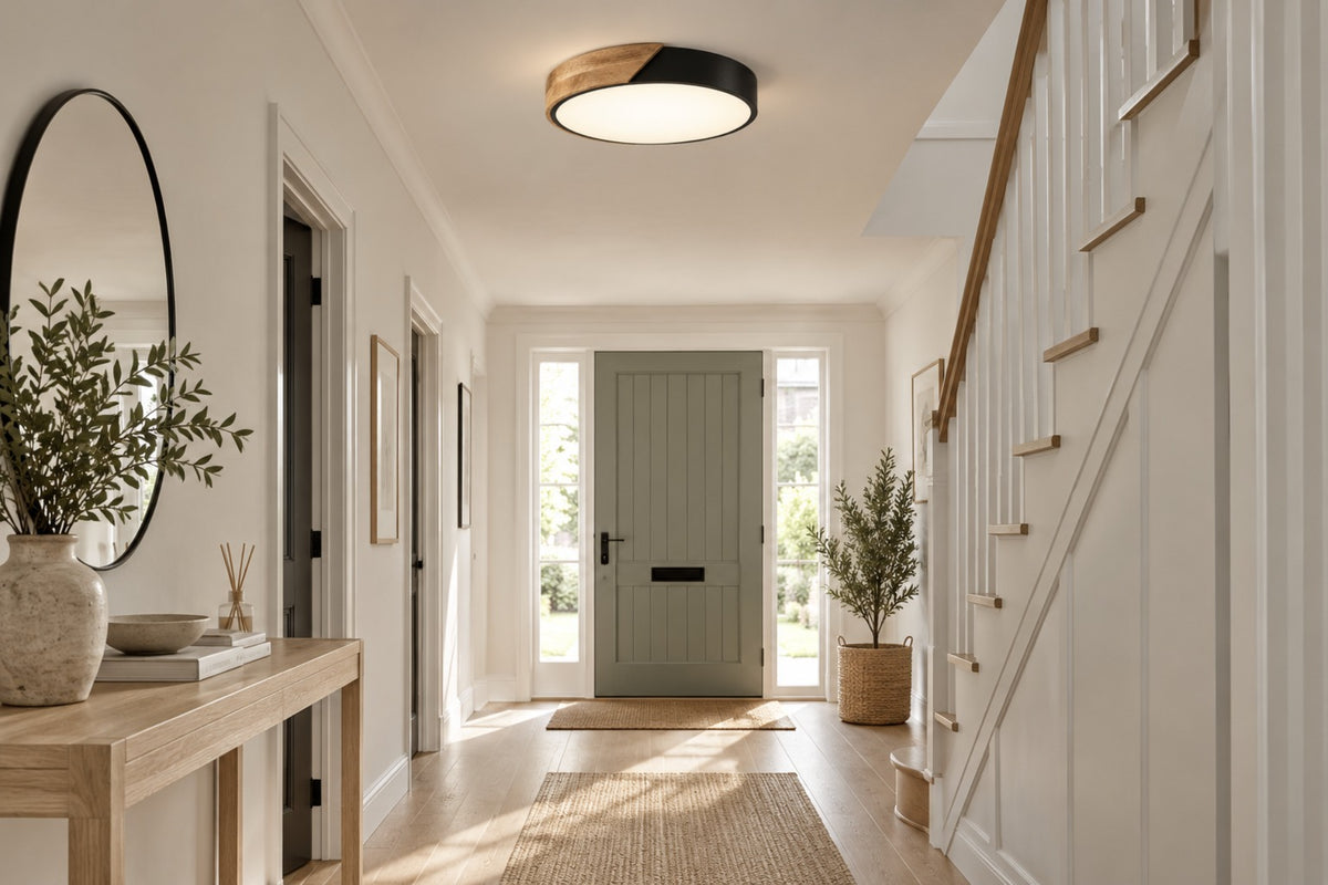 Nero wood and black LED ceiling light in a bright Scandinavian entrance hall
