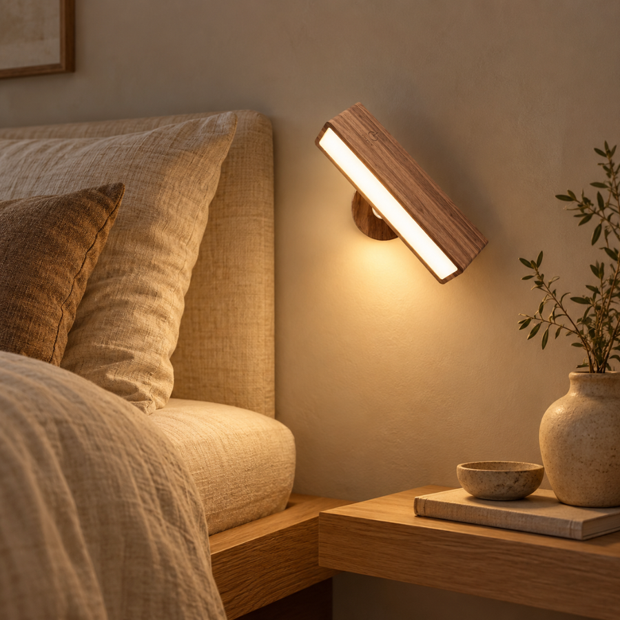 Rechargeable Wooden Wall Light, Rotating LED Bar – Noa