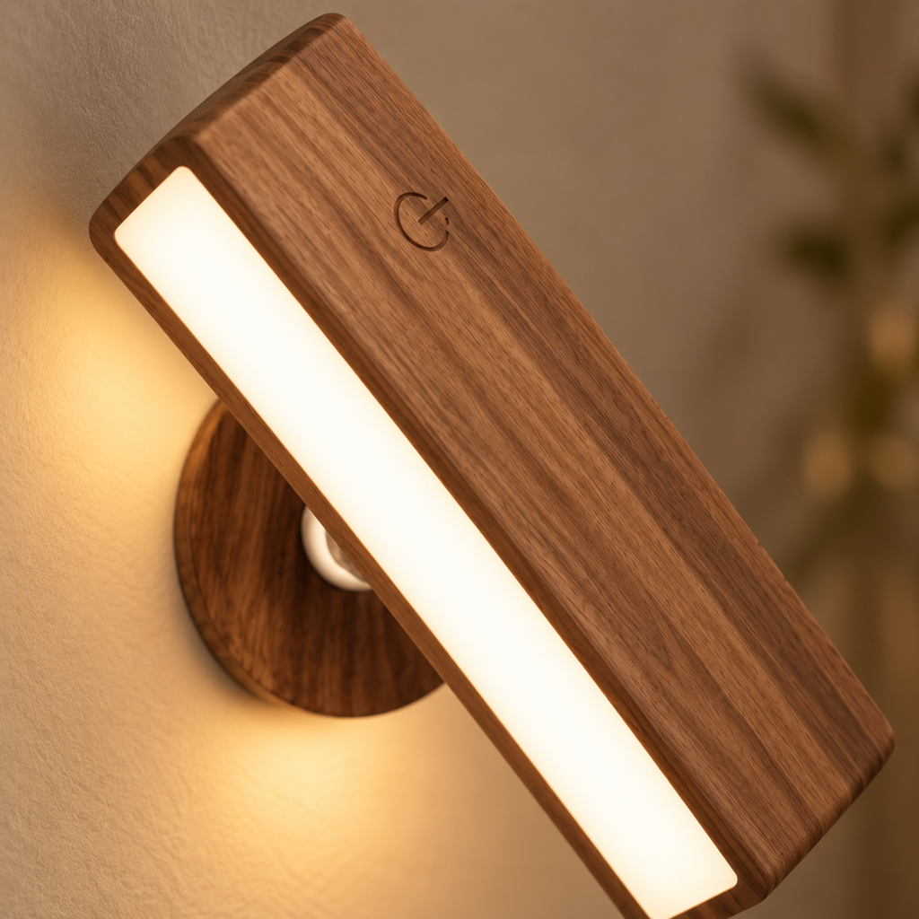 Close-up of the Noa walnut wood-grain finish and opal diffuser