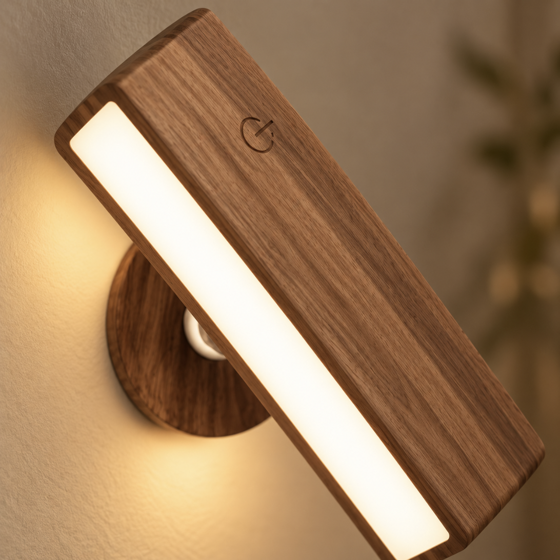 Close-up of the Noa walnut wood-grain finish and opal diffuser