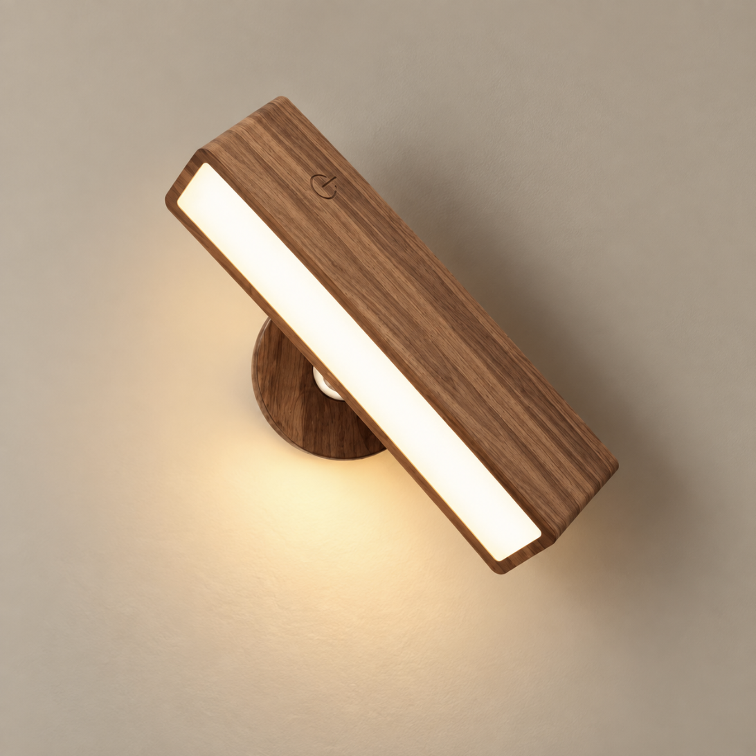 Noa cordless rechargeable wooden wall light, lit, on a greige wall