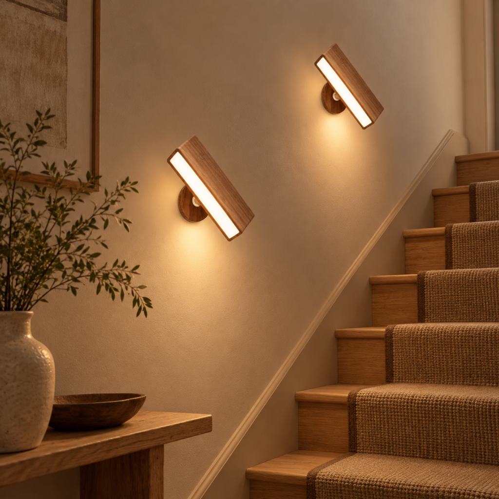 Two Noa rechargeable wooden wall lights lighting a staircase
