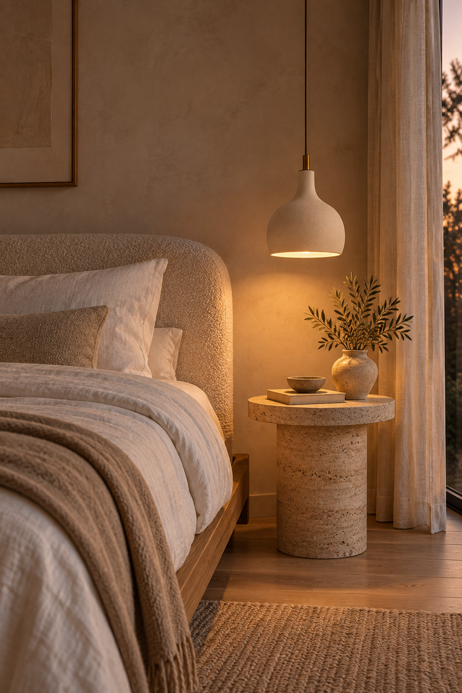 Pendant light hanging beside a bed