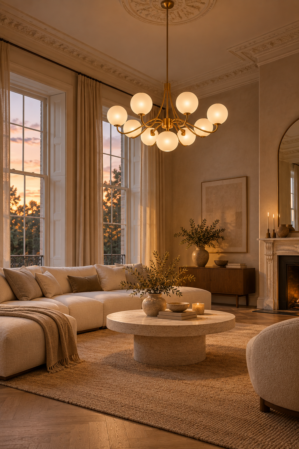 Chandelier centred in a living room