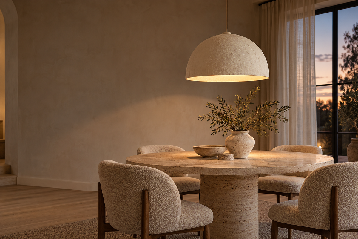 Ceramic dome pendant light hanging at the ideal height above a round travertine dining table