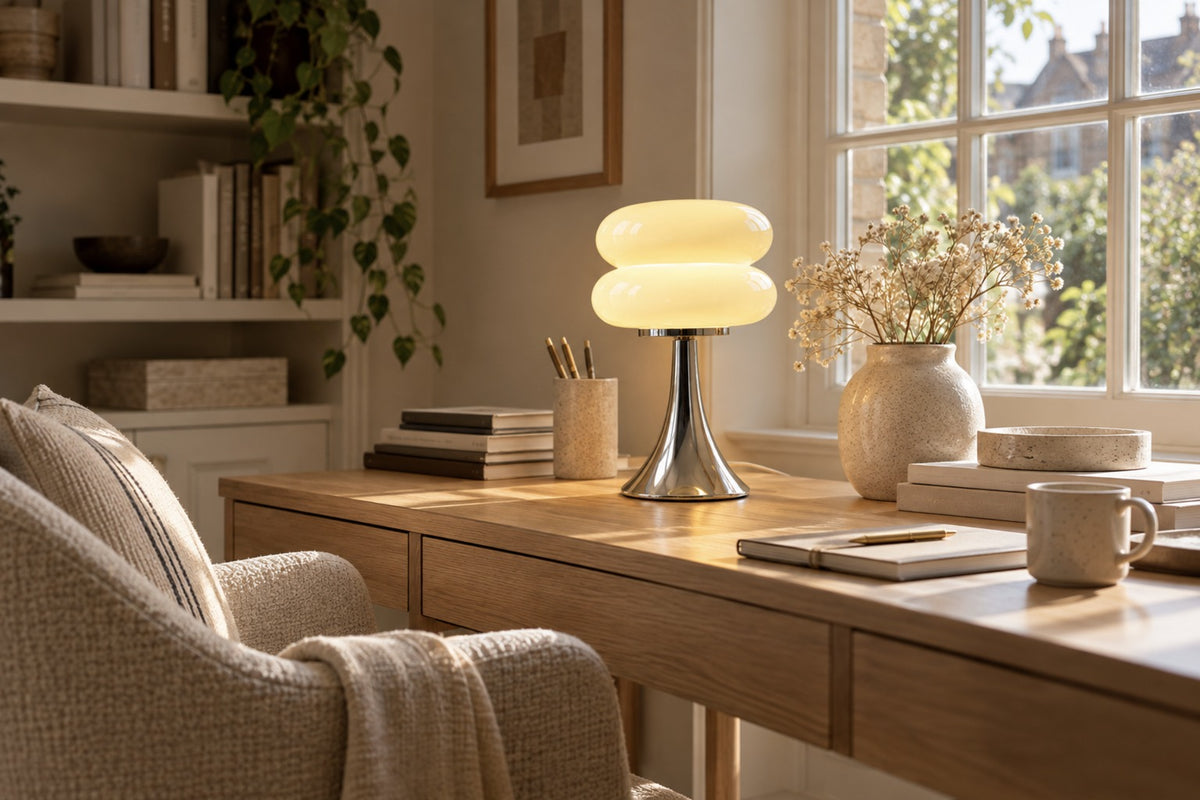 Nuvola stacked glass table lamp on an oak desk in a bright home office