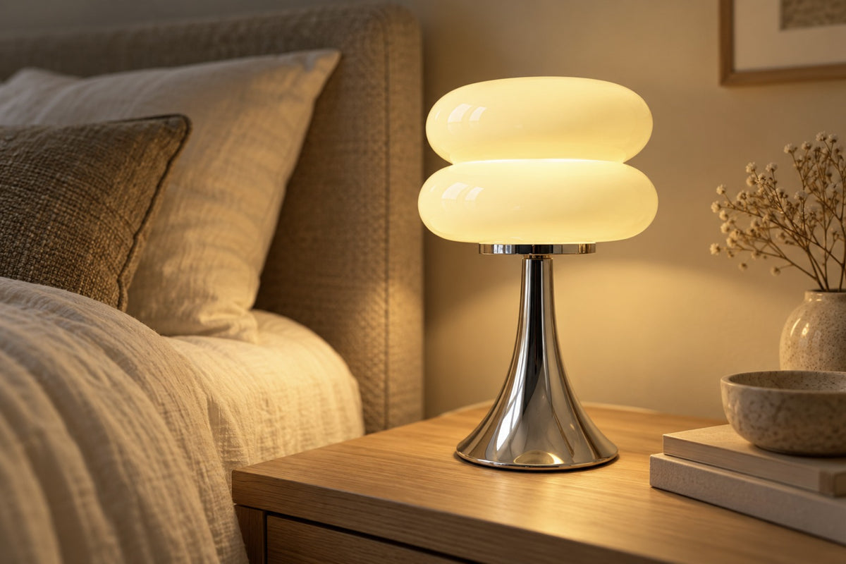 Close-up of the Nuvola glossy cream glass shade and chrome base, lit on a bedside table