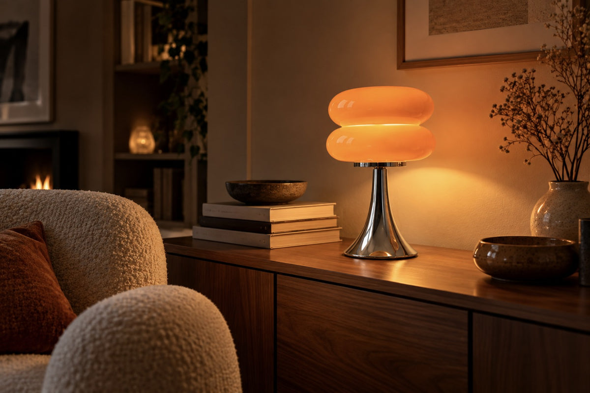 Orange Nuvola glass table lamp glowing on a walnut sideboard in the evening