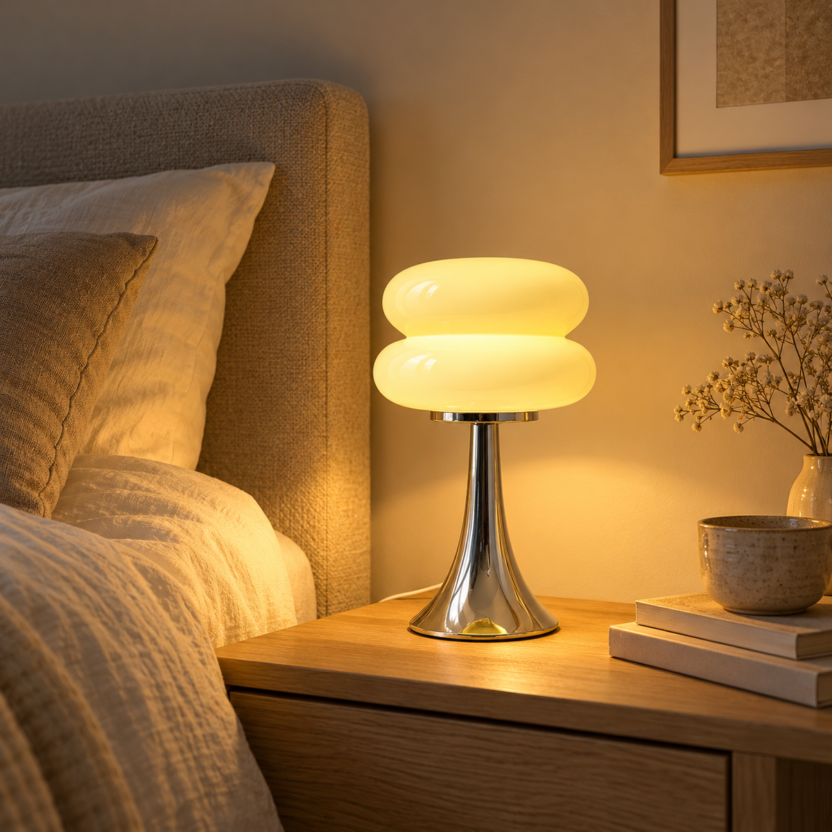 Nuvola stacked glass table lamp in cream, lit on an oak bedside table