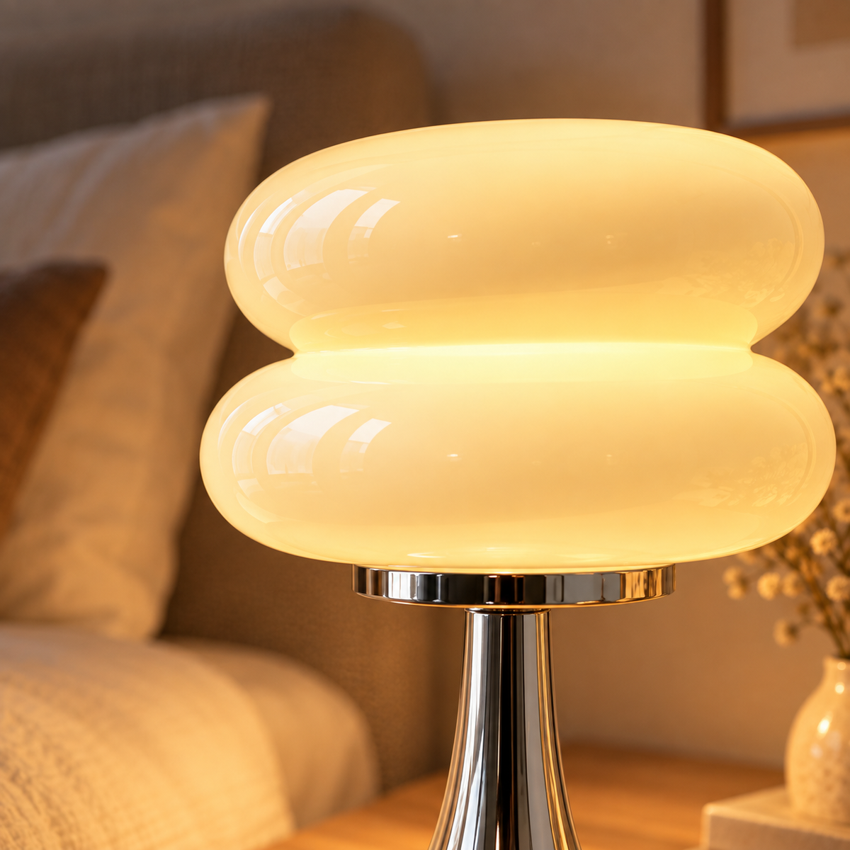Close-up of the Nuvola's glowing cream glass shade and polished chrome base