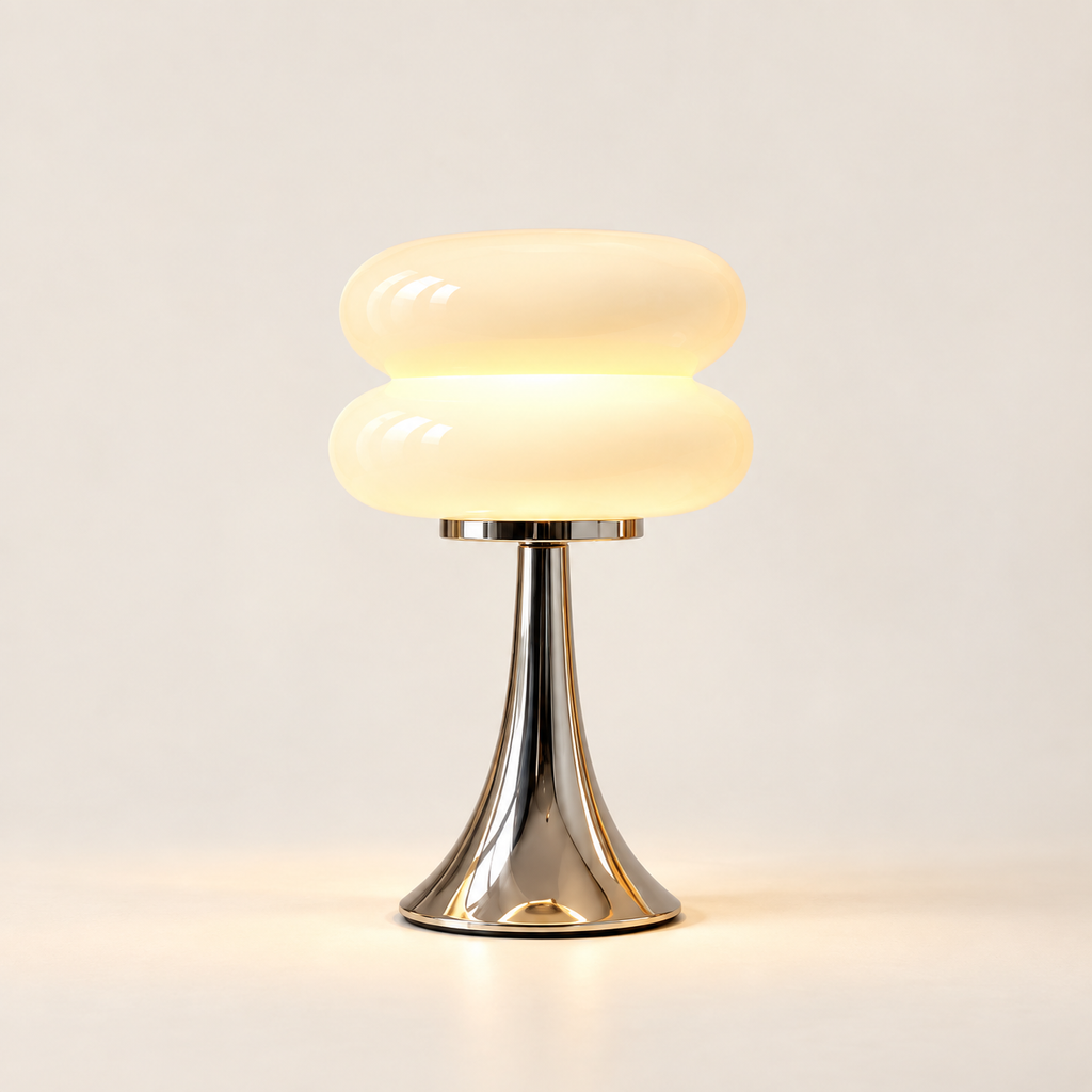 Nuvola stacked glass table lamp in cream glass with a chrome base