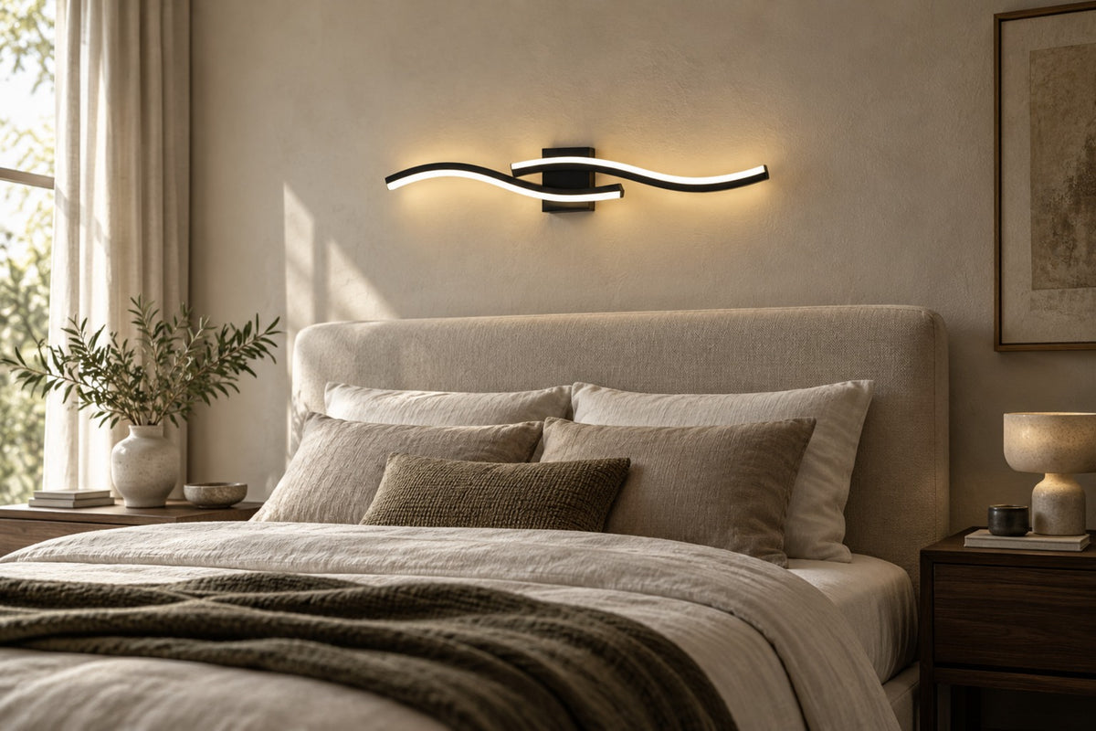Onda wave LED wall light mounted horizontally above a bed