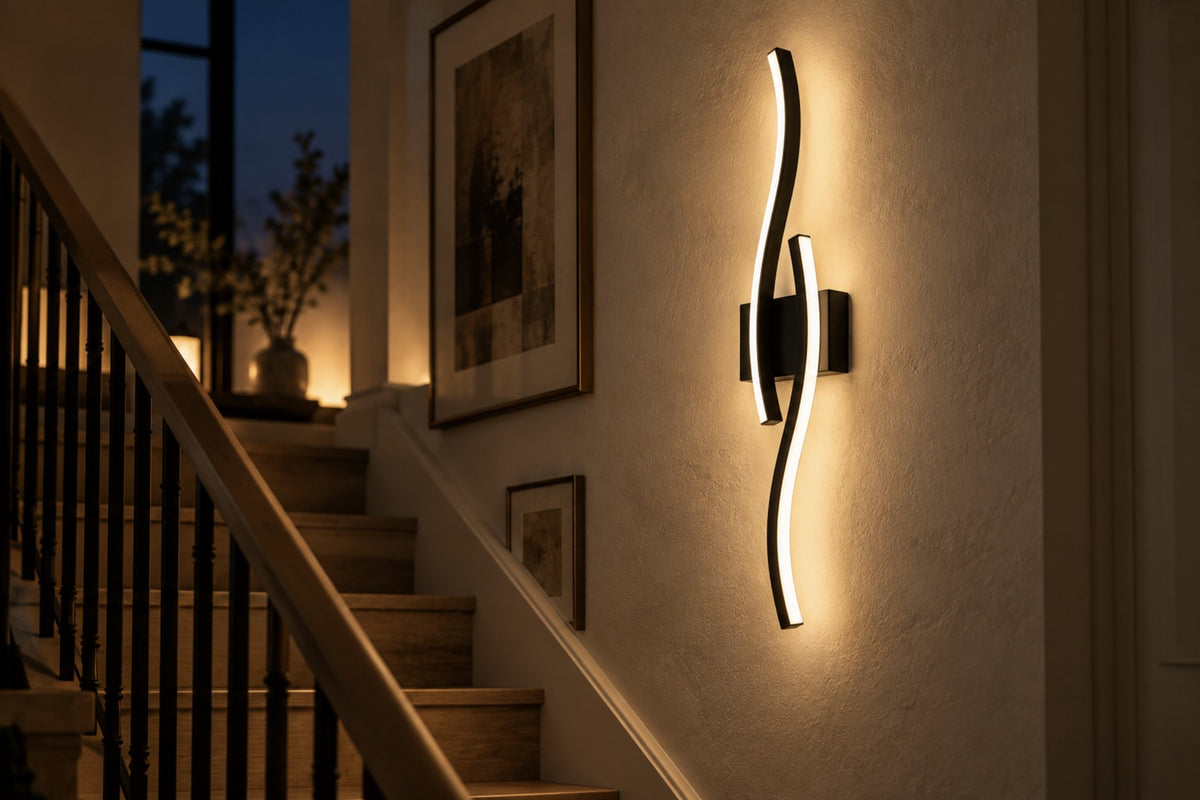 Onda wave LED wall light glowing vertically on a stairwell wall at night