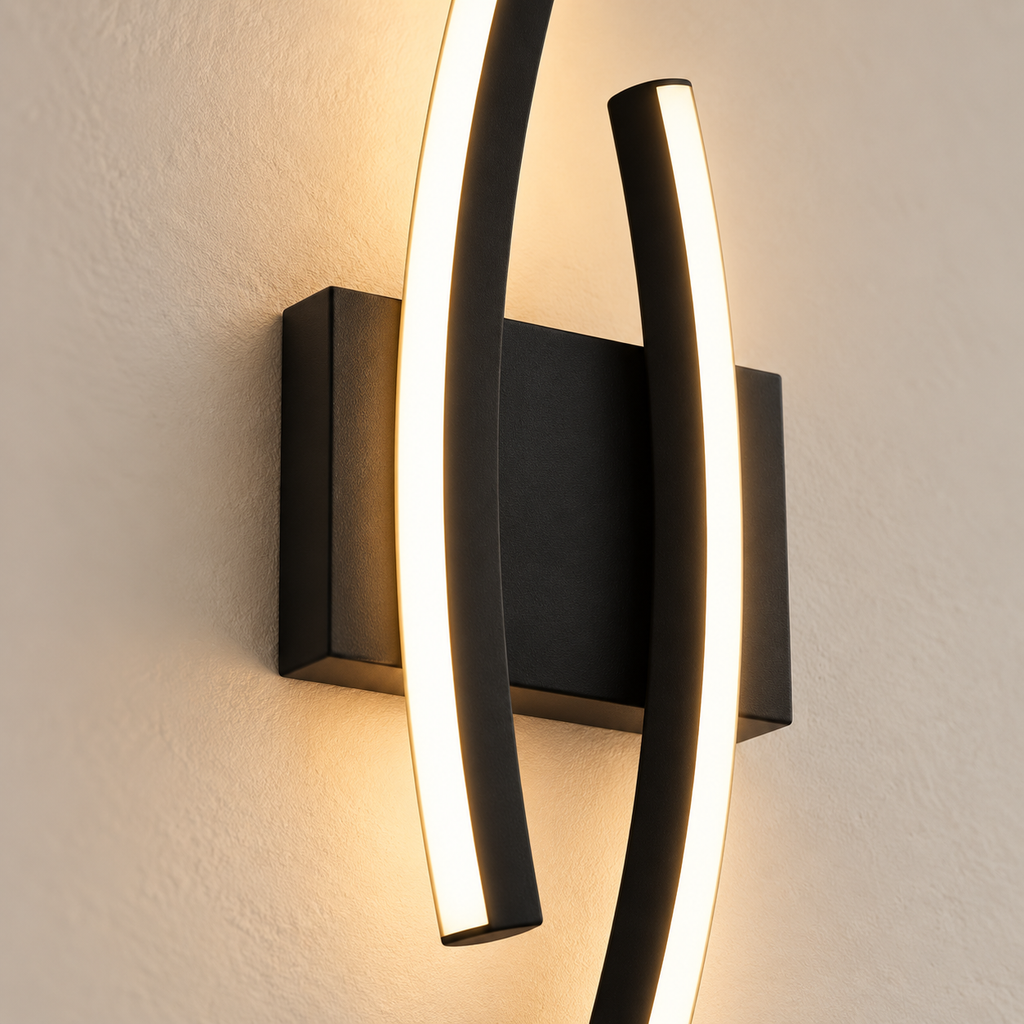Close-up of the Onda curved black LED lines and wall mount