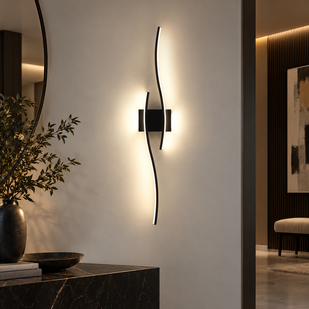 Onda black wave LED wall light, 60 cm, lit on a living room wall