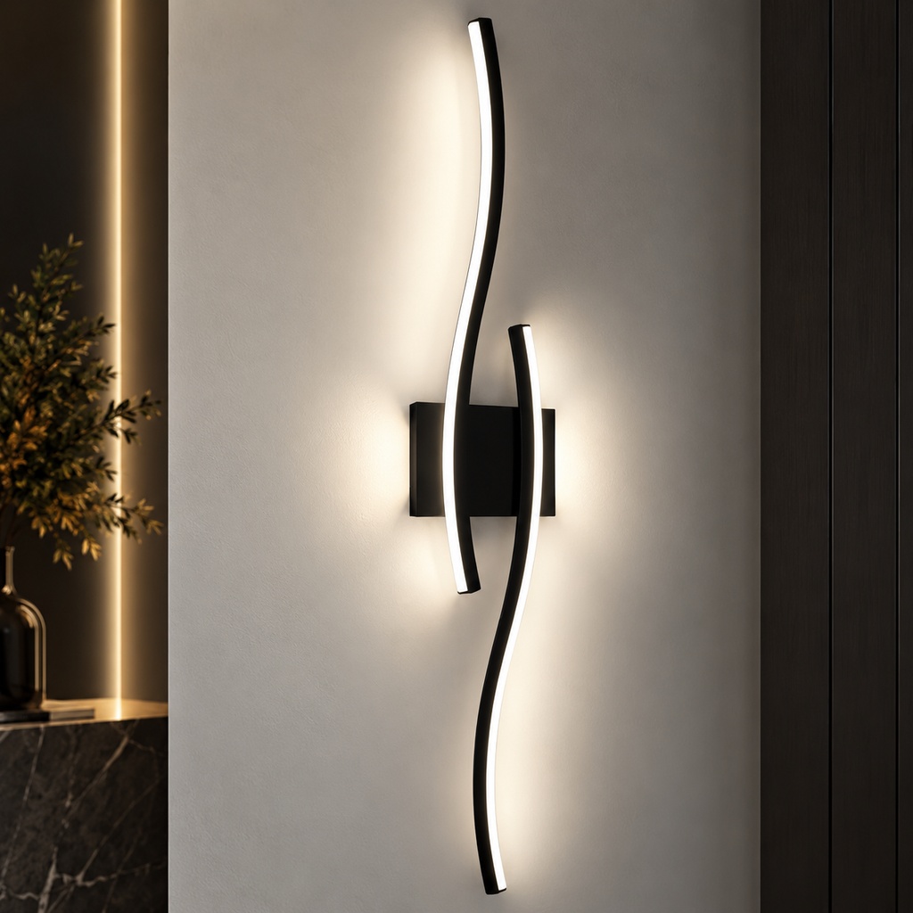 Onda black wave LED wall light glowing on a wall
