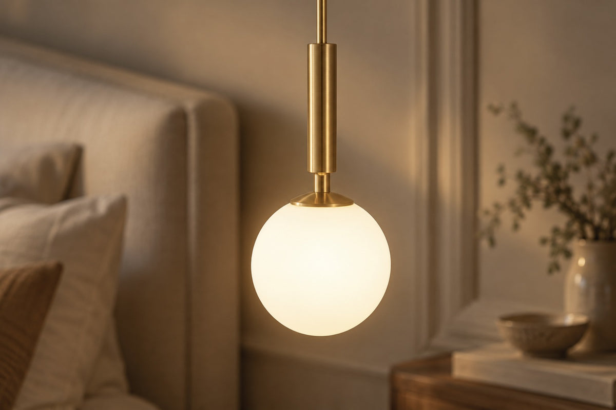 Close-up of the Orbis opal glass globe and brushed-gold tube, lit