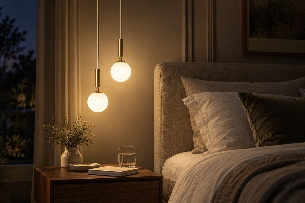 Two Orbis pendants at staggered heights glowing beside a bed at night