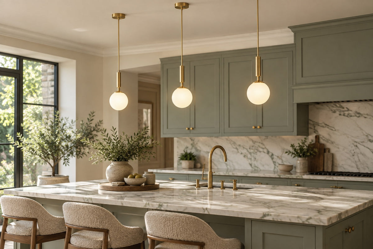 Three gold Orbis opal globe pendants above a marble kitchen island