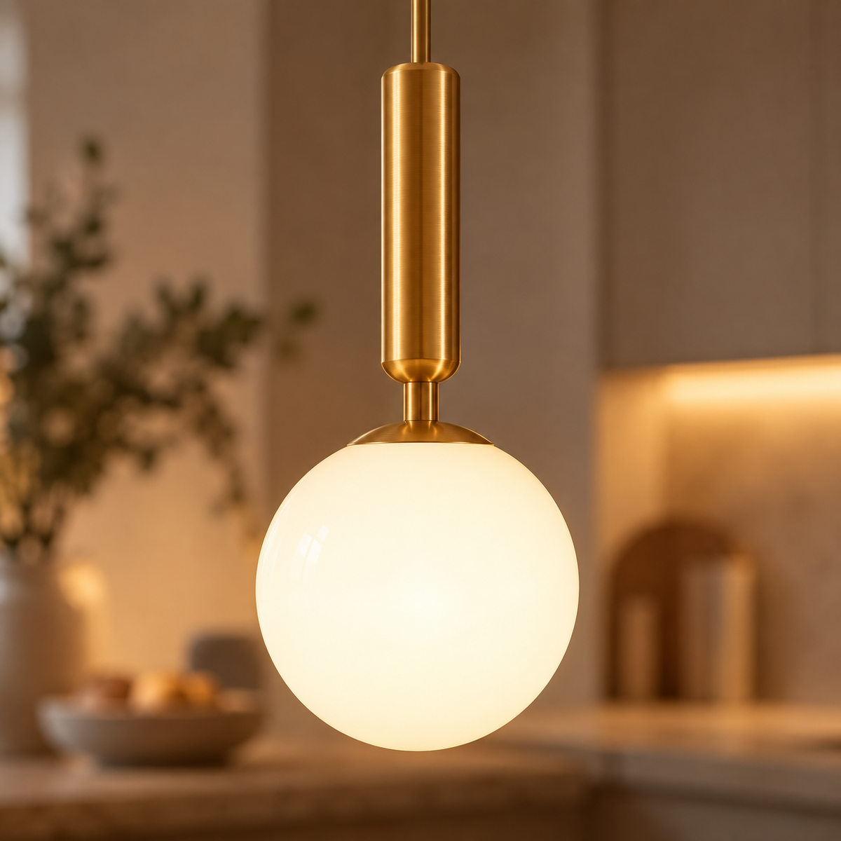Close-up of the Orbis opal glass globe and brushed-gold tube