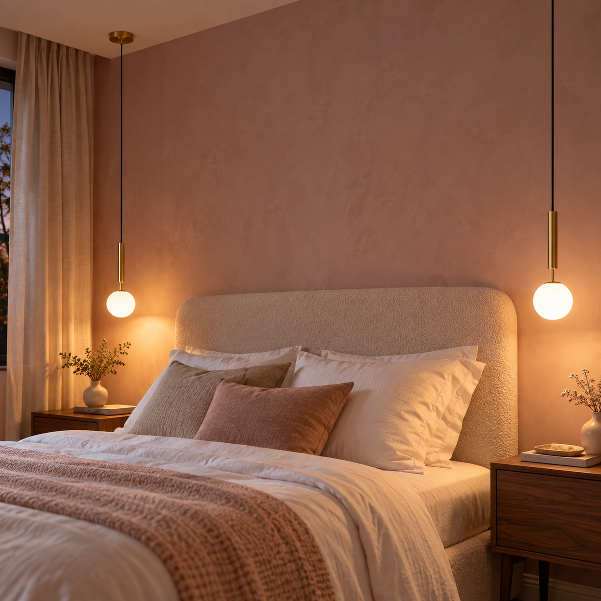 Two gold Orbis opal globe pendants hanging either side of a bed