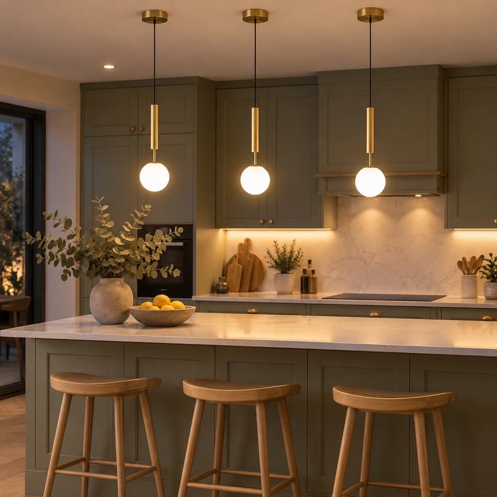 Three Orbis gold opal globe pendant lights over a kitchen island