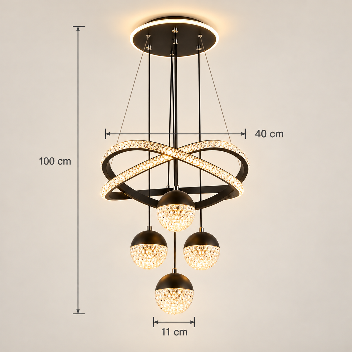 Orbita chandelier dimensions: 40 cm rings, 11 cm globes, drop up to 100 cm