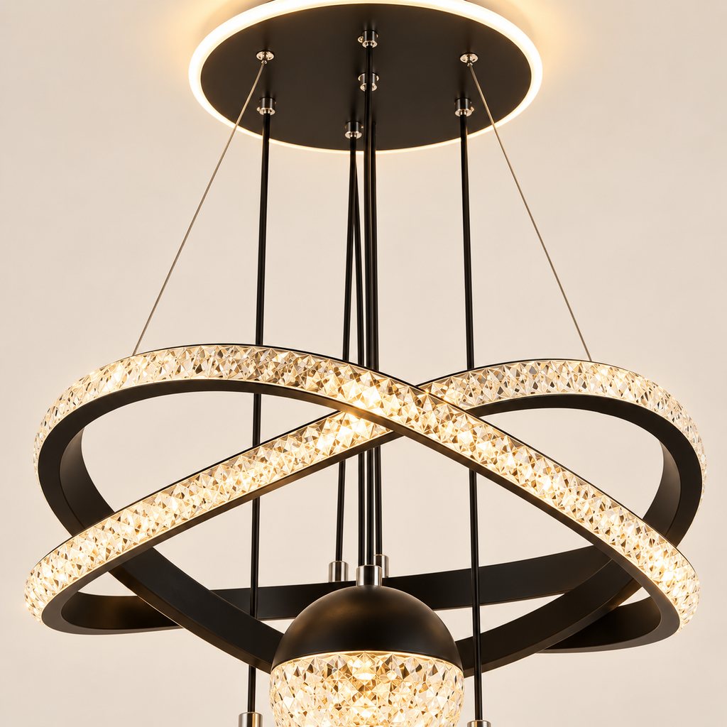 Close-up of the Orbita's black ceiling canopy and crossed crystal-inlay rings
