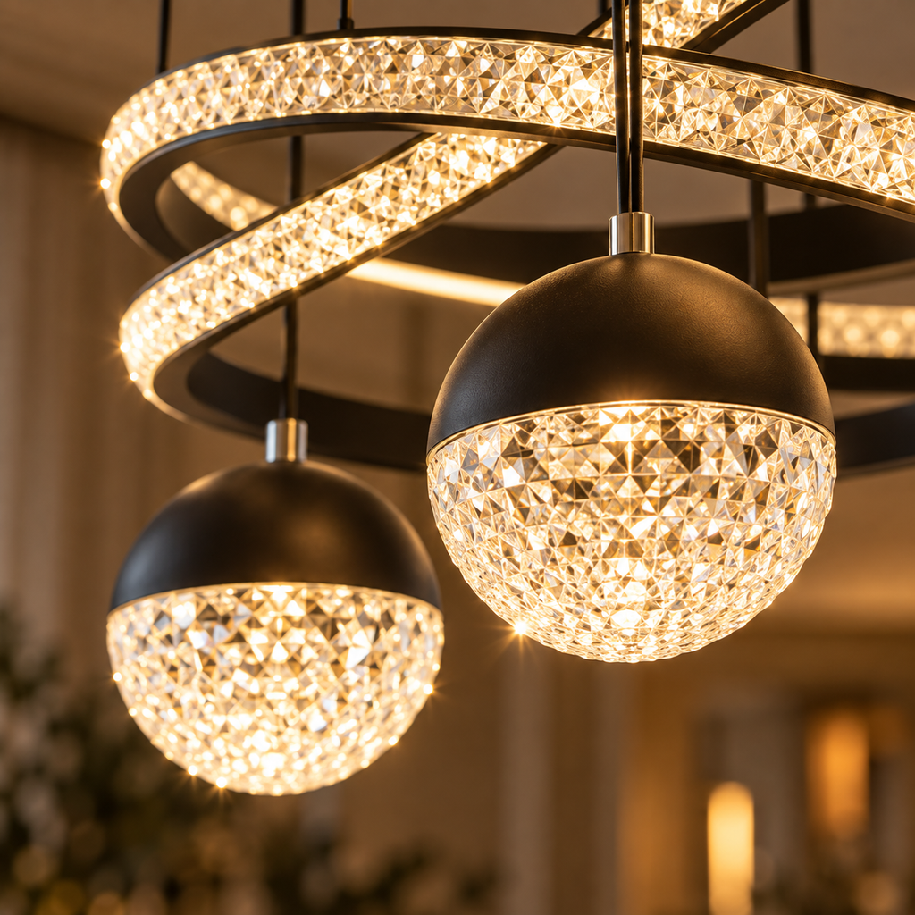 Close-up of the Orbita's crystal-effect globes and sparkling ring inlay