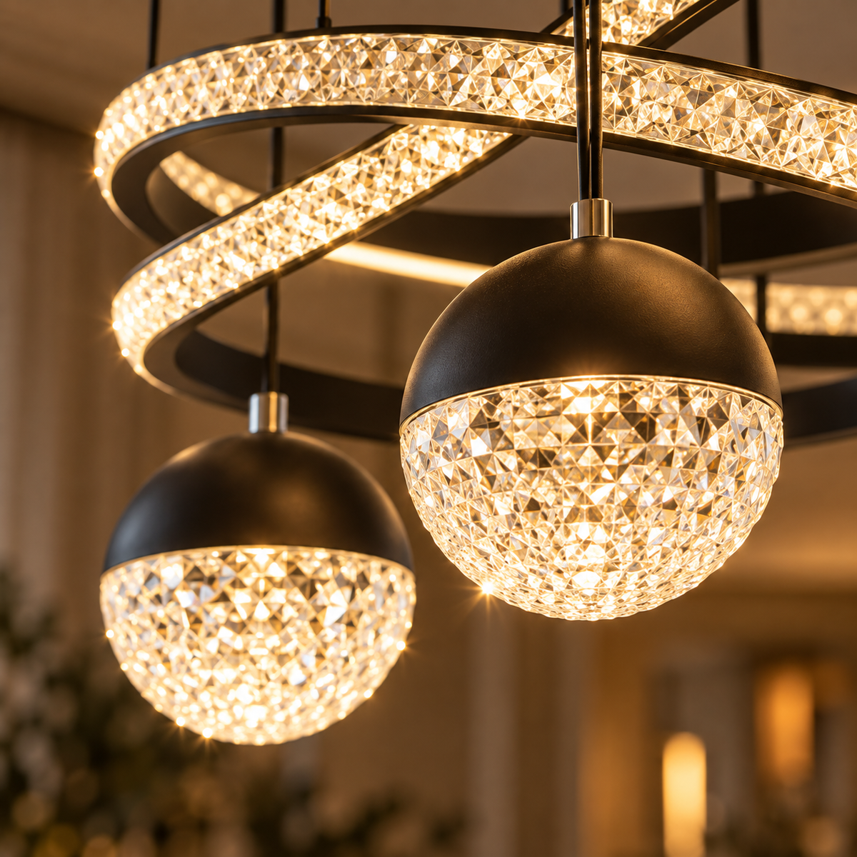 Close-up of the Orbita's crystal-effect globes and sparkling ring inlay