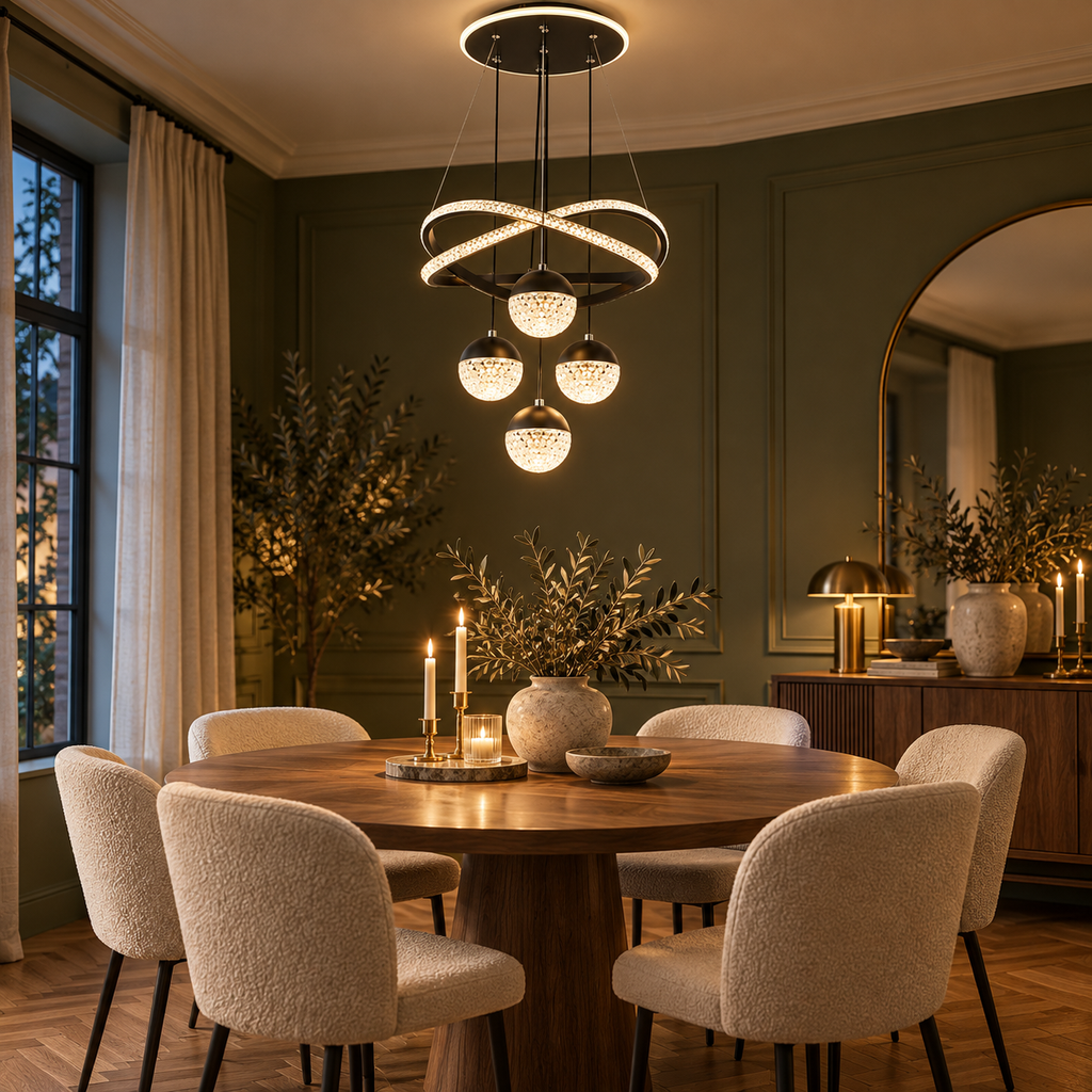 Orbita chandelier glowing above a round walnut dining table in an olive-green dining room