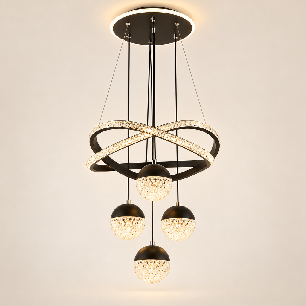 Orbita crystal globe ring chandelier in black with four crystal globes, lit