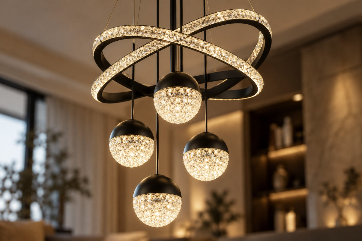 Close-up of the Orbita crystal-effect globes and sparkling ring inlay