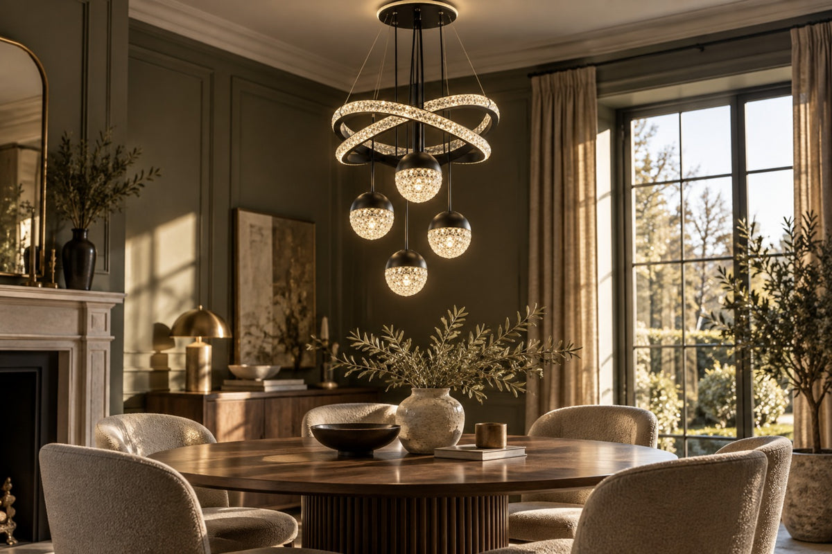 Orbita crystal globe ring chandelier above a round walnut dining table