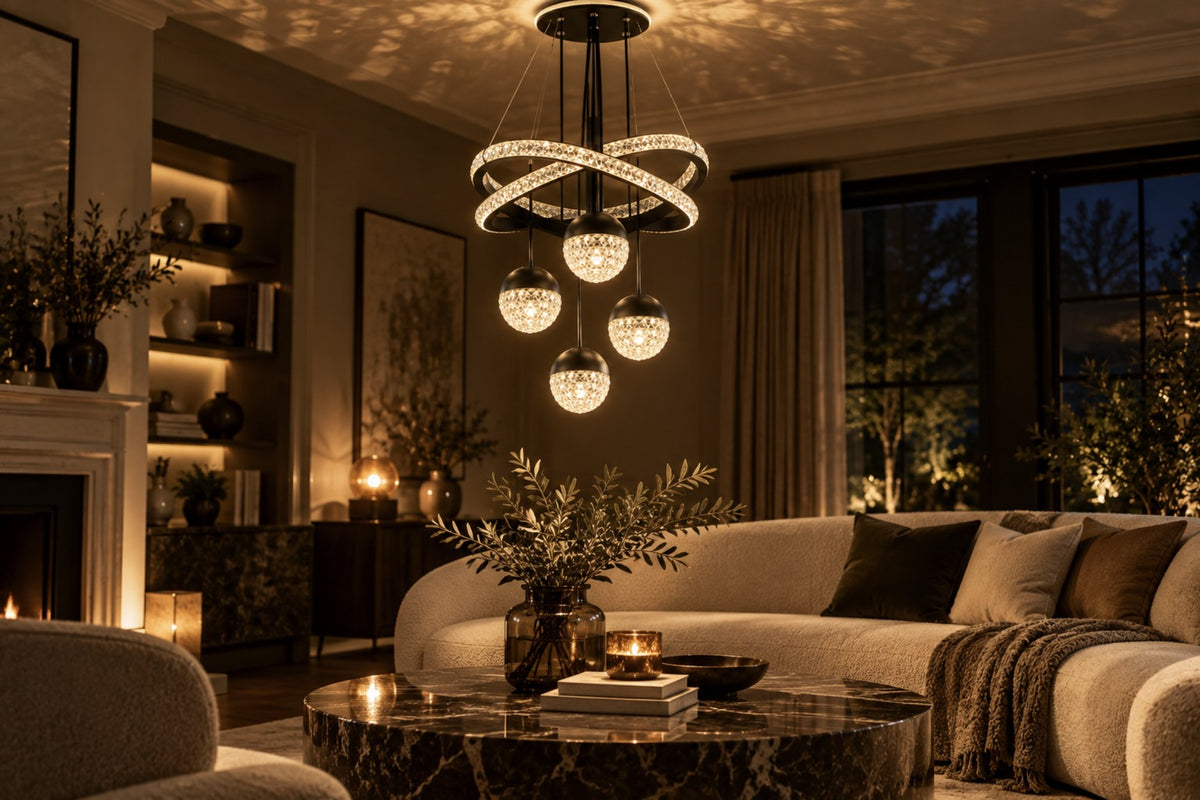 Orbita chandelier sparkling above a living room coffee table at night